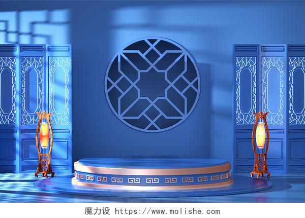 蓝色中式3D立体电商创意展台几何空间C4D通用背景蓝色展台C4D背景
